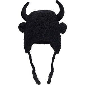 Men B-black Furry Buffalo Horn Winter Hat Unisex Faux Fur Earflap Trooper Cap